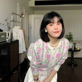 Suéter de flores vintage, cárdigan de punto con cuello en V de manga larga